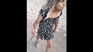 sexy shemale walks in public with mini dress and violet heels cute hot slut