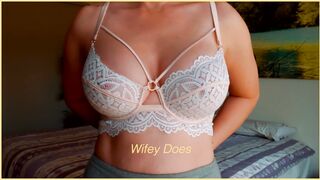 MILF hot lingerie. Big tits in white lace bra