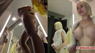Young blonde shows tits in public place. Try on haul transparent clothes